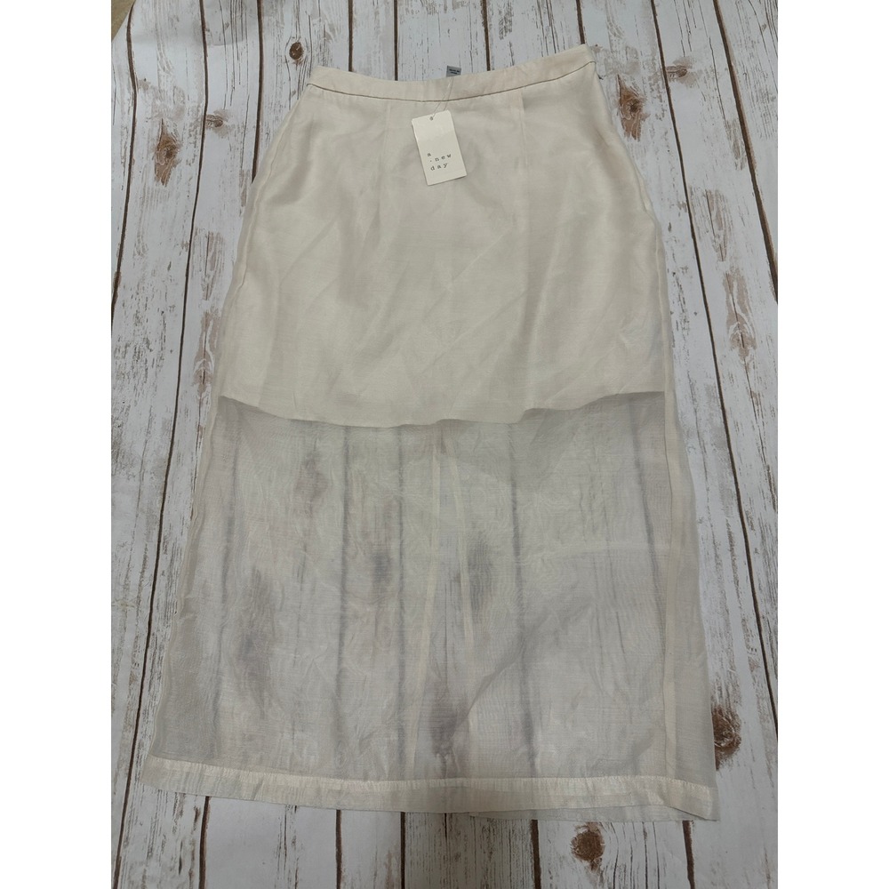 A New Day Women Cream High Waisted Sheer Panel Midi Skirt Off White NWT
